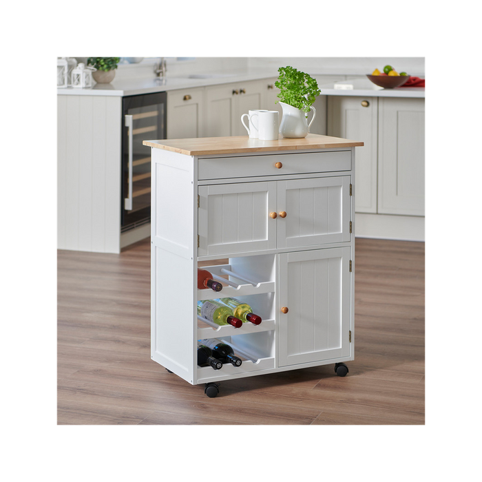 Kitchen Cart - White, Compact Storage for Appliances, Utensils, Crockery, 9-Bottle Wine Rack, Easy Assembly, Casters