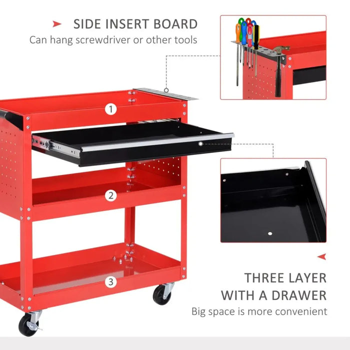 3-tier Tool Trolley Cart Roller Cabinet Storage Box Lockable Casters Red