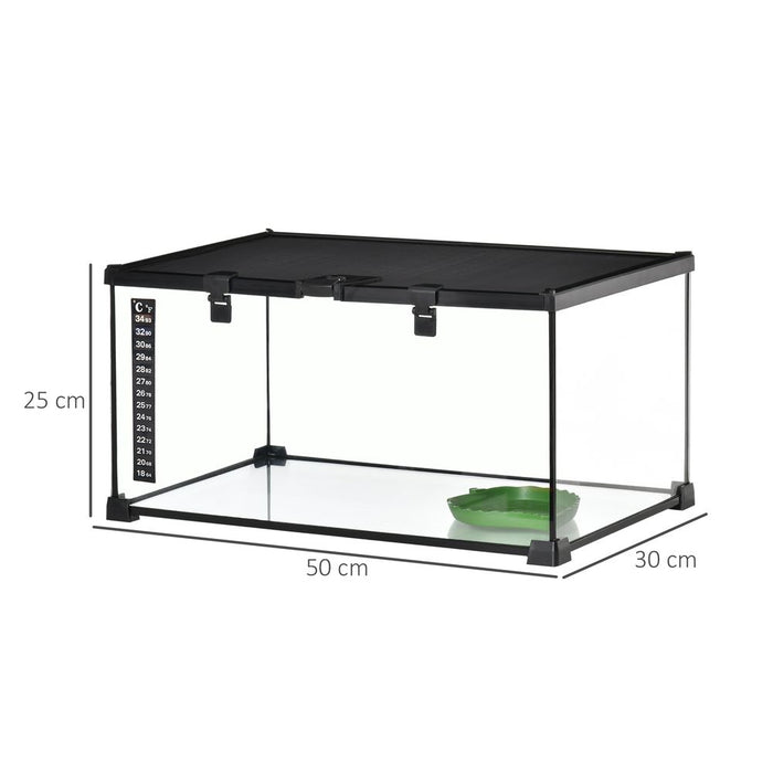 PawHut Glass Reptile Terrarium Insect Breeding Tank Vivarium Habitats with Thermometer for Lizards, Horned Frogs, Snakes, Spiders - Medium 50 x 30 x 25cm