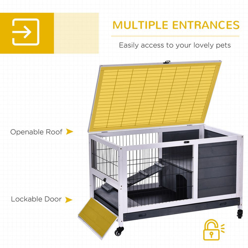 PawHut Wooden Rabbit Hutch Guinea Pigs House Bunny Small Animal Cage Openable Roof Portable Indoor Enclosed Run 90 x 53 x 59 cm White