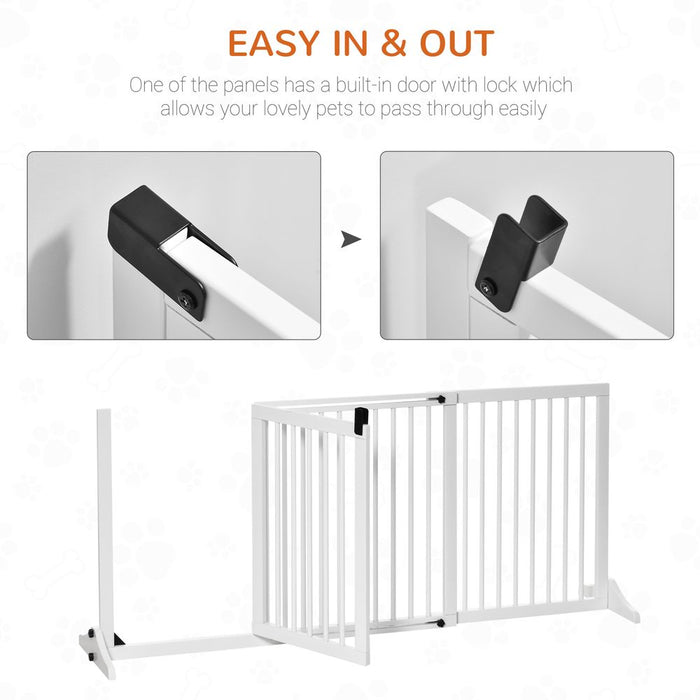 PawHut Adjustable Wooden Pet Gate Freestanding Dog Barrier Fence Doorway 3 Panels Safety Gate w/Lockable Door White 71H x 113-166W cm