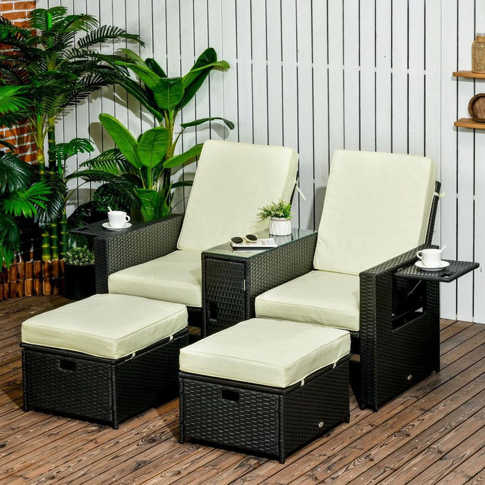 Adjustable Rattan Sun Lounger Set w/ Footstools & Storage Table - Ideal for Outdoor Relaxation - High Quality & Durable