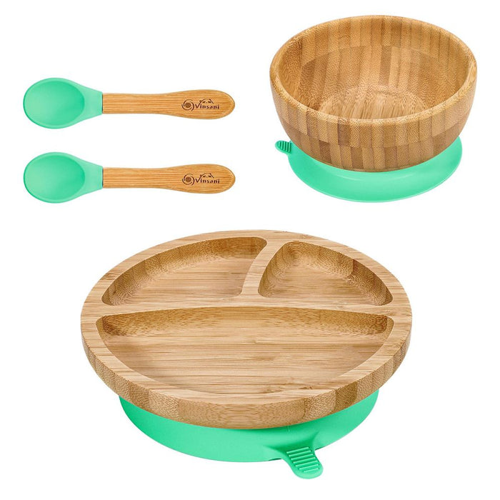 VINSANI BAMBOO BOWL, ROUND PLATE & SPOON SET - Non-Slip Base, All-Natural, Easy Clean - Perfect for Baby Feeding!