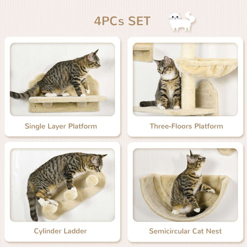 PawHut 4PCs Wall Mounted Cat Tree Cat Wall Shelves Furniture Climbing Shelf Set Kitten Activity Centre with Hammock, Scratching Post - Beige