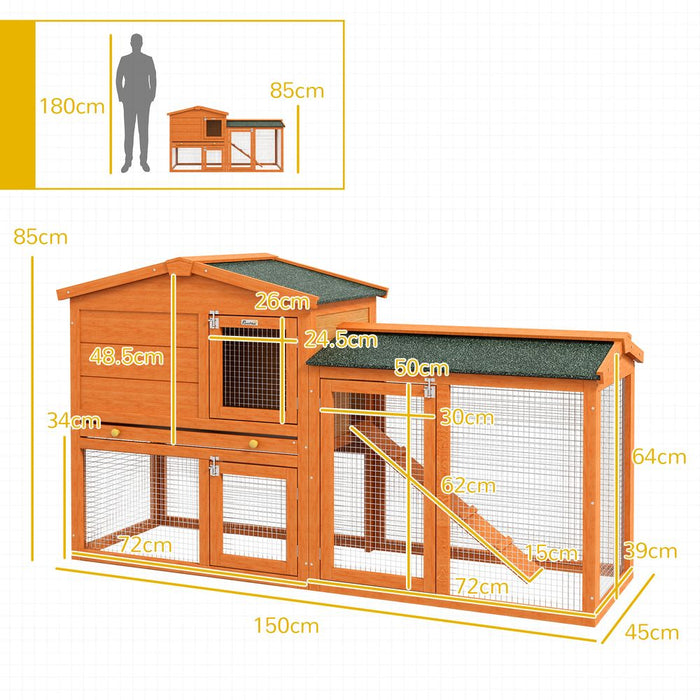 PawHut Wooden Rabbit Hutch with Run, Ramp, Slide-out Tray