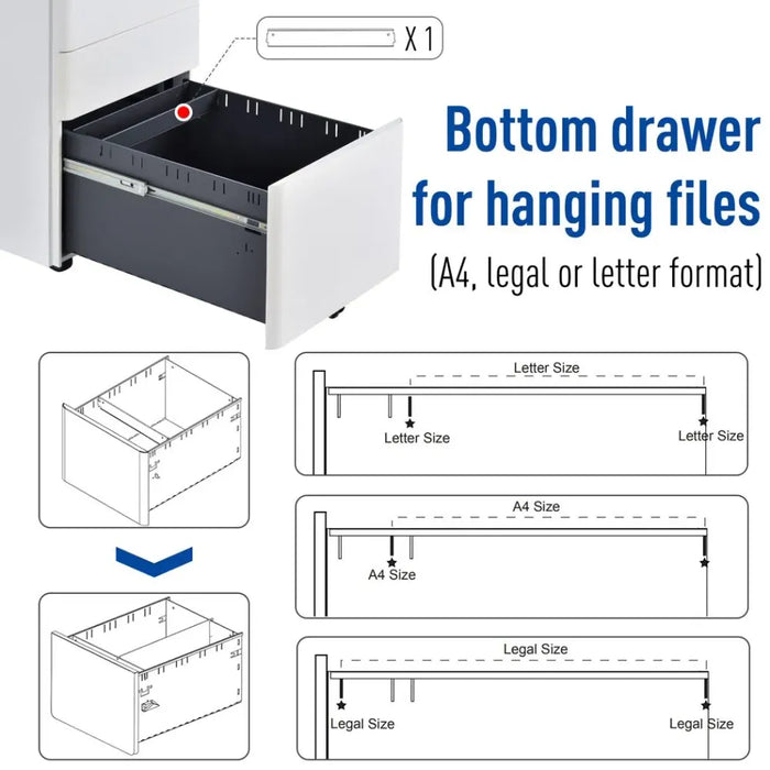 3 Drawer Metal Filing Cabinet Lockable 4 Wheels Compact Under Desk White