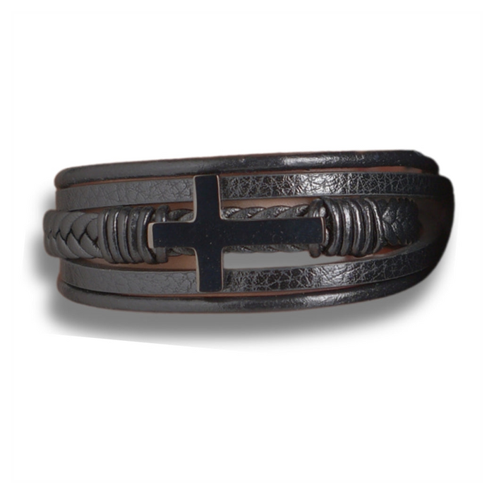 Men's Black Leather Cross Bracelet | Ideal Birthday or Christmas Gift