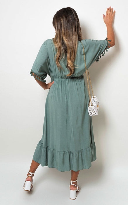 Stunning V-Neck Maxi Dress with Rope Tassel Detail