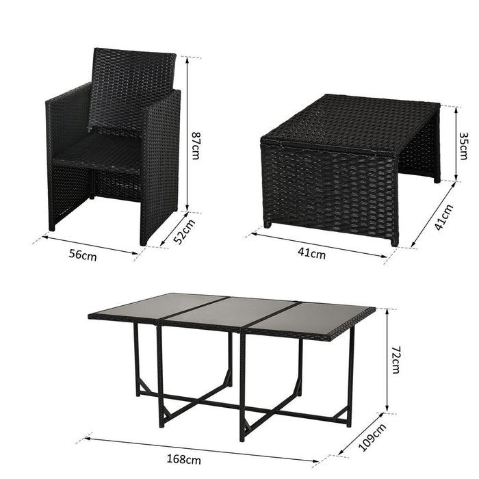 Rattan Dining Set, 11 PC-Black. Metal frame, PE rattan, 6 chairs & 4 footstools. Tempered glass. Washable cushions. Suitable for indoor/outdoor use.