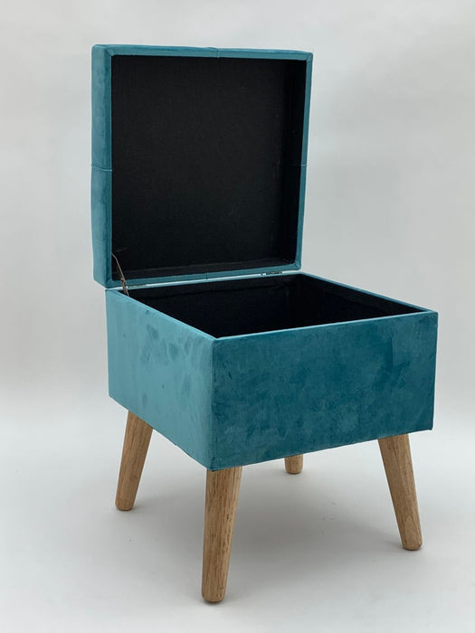 Velvet Footrest Trunk - Blue | Storage Compartment, Wooden Legs