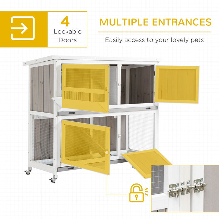 PawHut 2-Tier Double Decker Rabbit/Guinea Pig Hutch Wooden Bunny Cages with Sliding Tray, Ramp and Wheel, Cover - (Grey)