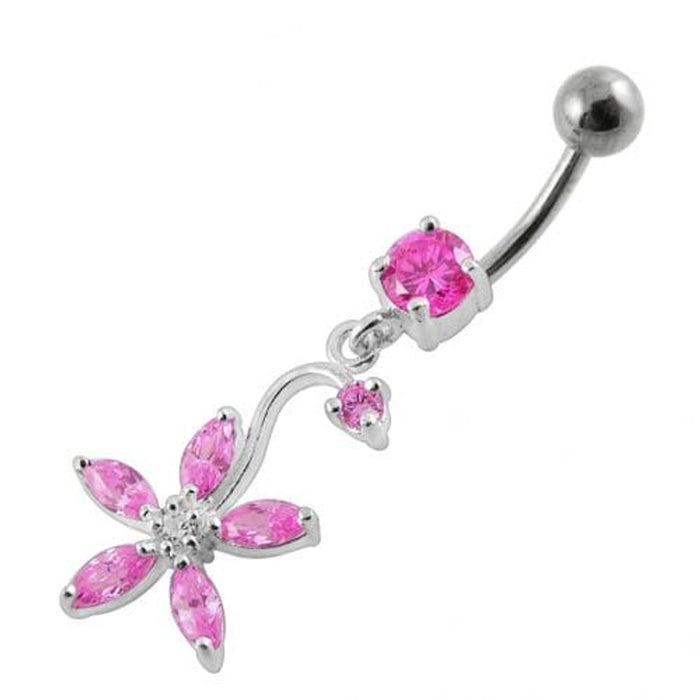 Fancy Multi Stones Flower Dangling Curved Navel Ring