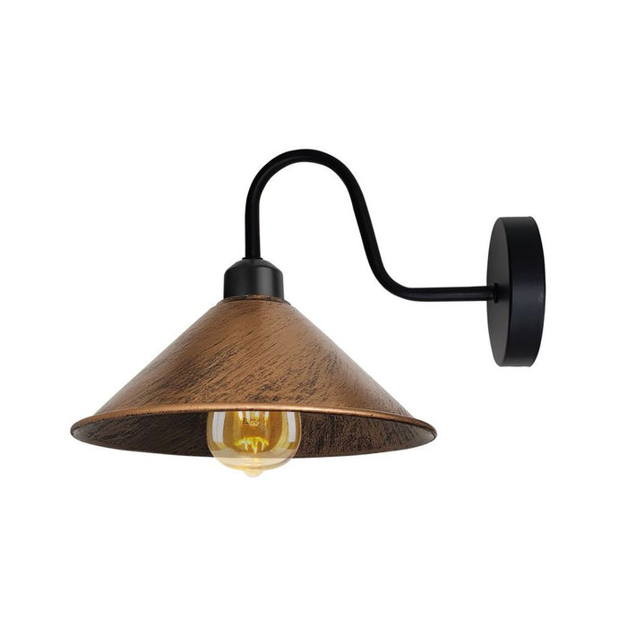 Brushed Copper Wall Light Fixture, Black Wall Sconce, Swan Neck Cone Shade - High Quality, Dimmable, Vintage Style