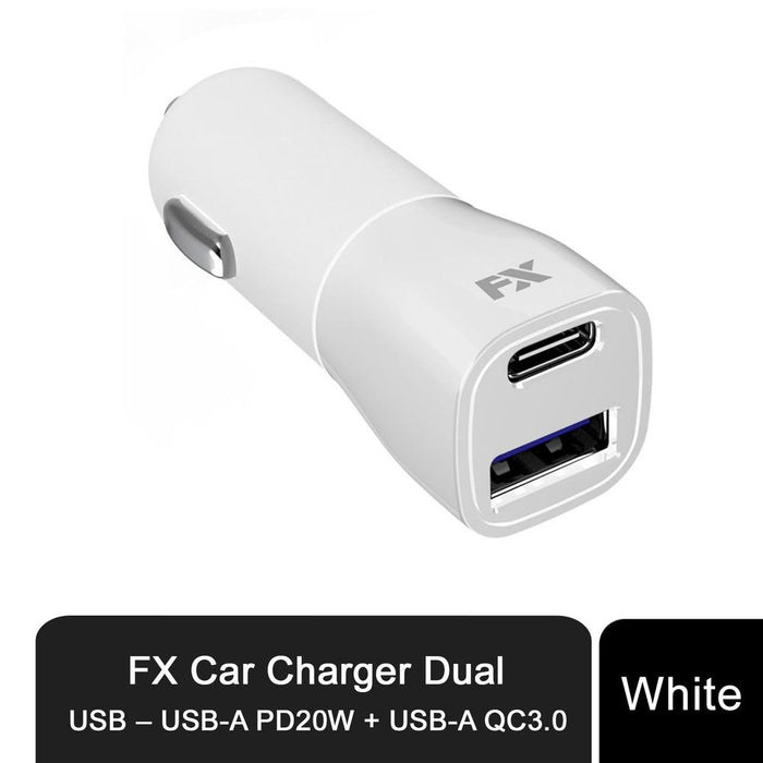 FX Car Fast Charger Dual USB - USB-A PD20W + USB-A QC3.0, White