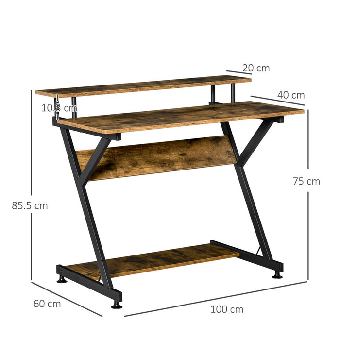 Stylish Brown Computer Desk with Monitor Shelf and Storage