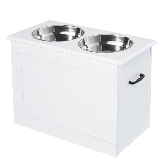 PawHut Raised Dog Bowls, Pet Feeding Storage Station with Two Stainless Steel Bowls, Base, for Large Dogs, White