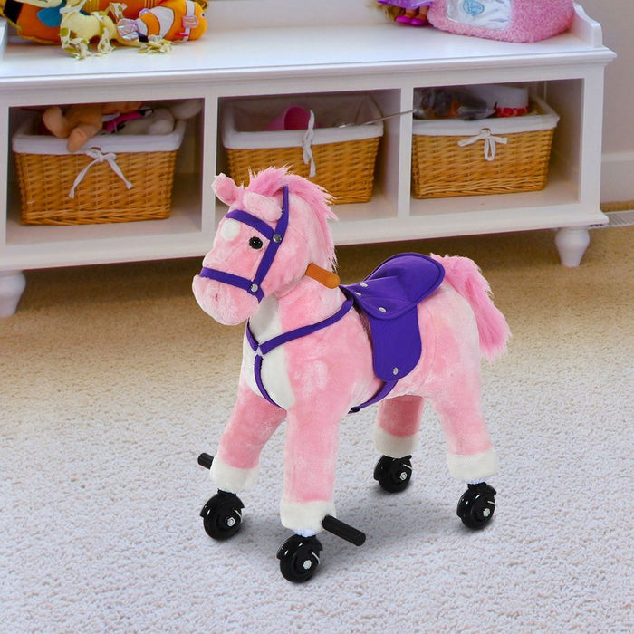 Wheeled Rocking Horse Ride-On Toy: Plush, Sound, HOMCOM. Perfect for Children. High Quality. 4 Wheels. Saddle. Fun!