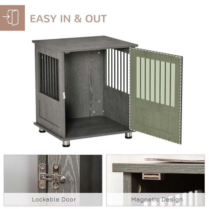 PawHut Dog Crate Furniture End Table, Pet Kennel for Small Dogs with Magnetic Door Indoor Animal Cage, Grey, 60 x 55 x 70 cm