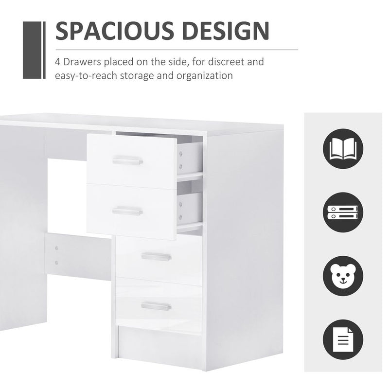 Premium High Gloss 4-Drawer Vanity Desk - White. Perfect for Home Office & Study. Spacious Storage & Stylish Design!