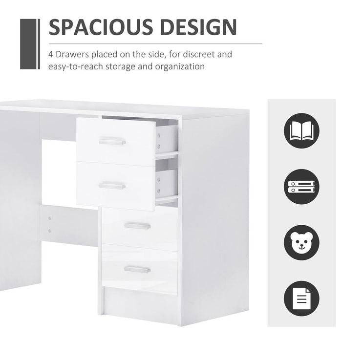 Premium High Gloss 4-Drawer Vanity Desk - White. Perfect for Home Office & Study. Spacious Storage & Stylish Design!