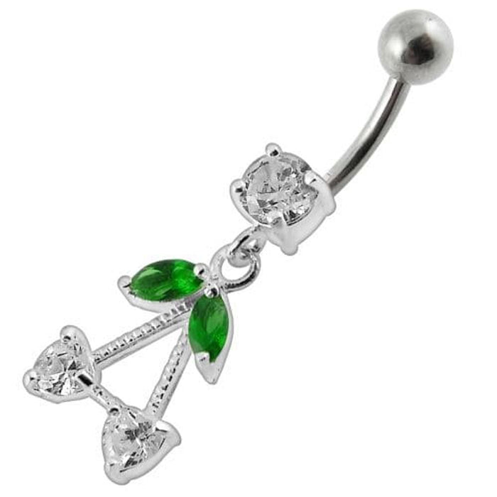 Fancy Jeweled Double Heart Stone Dangling SS Bar Belly Ring Body Jewelry