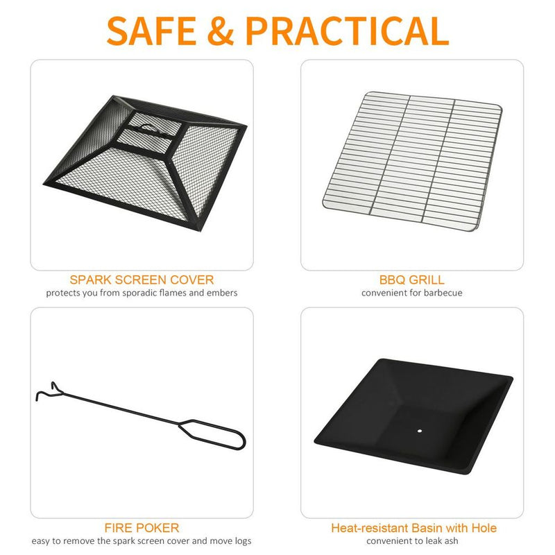 Outsunny 86cm Square Garden Fire Pit Square Table w/ Poker Mesh Cover Log Grate
