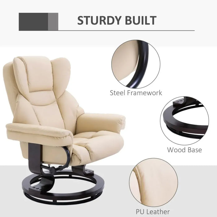 Padded PU Leather Manual Reclining Armchair Sofa Chair w/ Footstool Cream