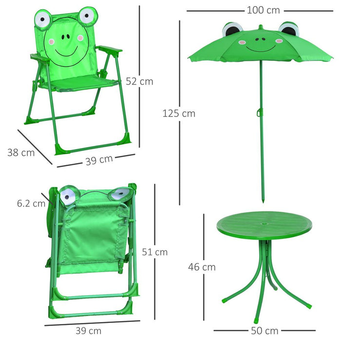 Outsunny Kids Outdoor Table and Chairs Garden Furniture Frog Pattern with Removable & Height Adjustable Sun Umbrella, Green