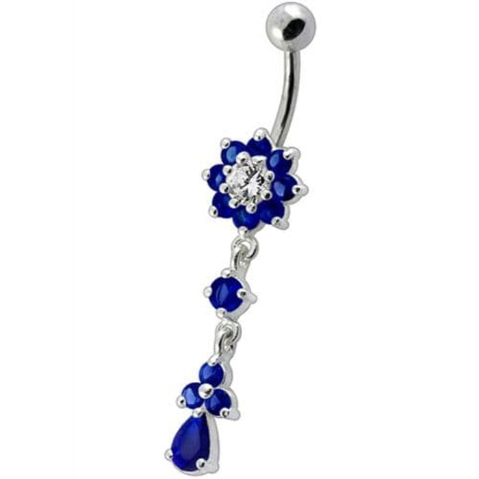 Fancy Jeweled Flower Dangling Curved Bar Belly Ring