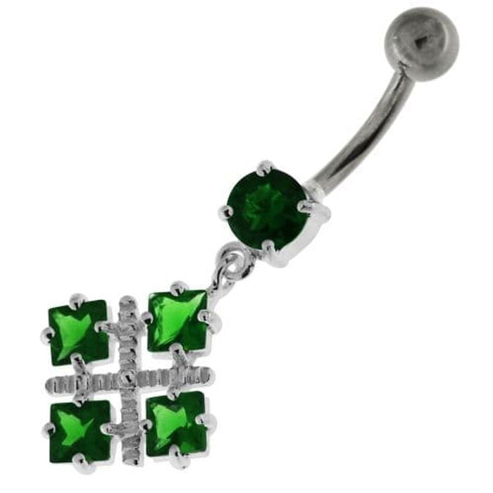 Four Square Jeweled Sterling Silver Navel Bar