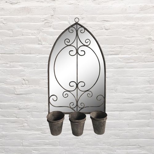 73CM RUSTY WALL MIRROR WITH TRIPLE PLANTER