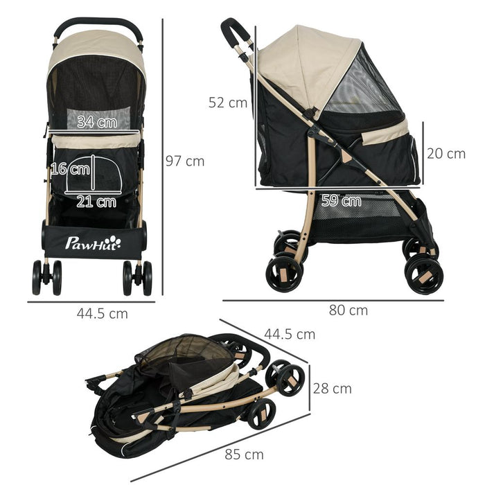 PawHut Pet Stroller - XS/S Dogs w/ Rain Cover - Khaki