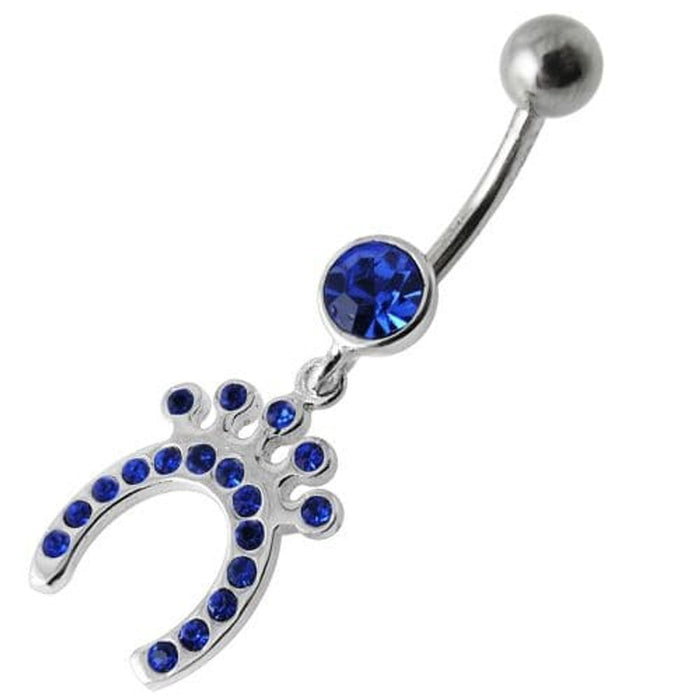 Silver Horseshoe Jeweled Dangling SS Bar Belly Ring