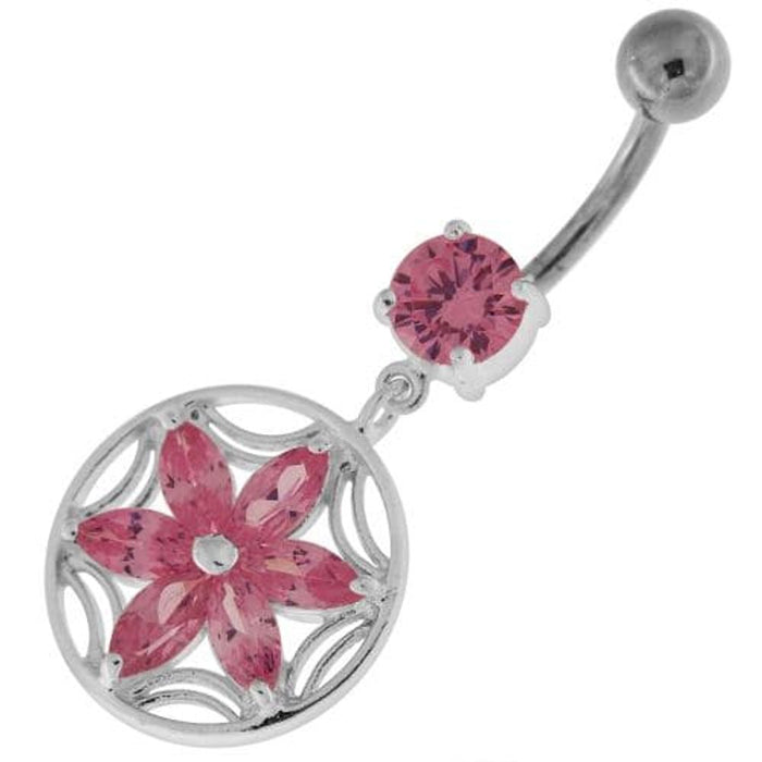 Sterling Silver Dazzling Flower Filigree Navel Bar