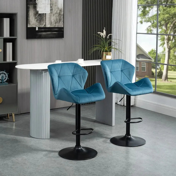 Set Of 2 Luxurious Velvet-Touch Bar Stools w/ Metal Frame Footrest Base Blue