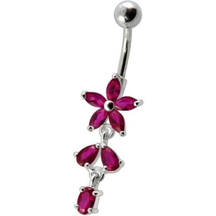 Fancy Non Moving Silver Flower Dangling SS Bar Belly Ring