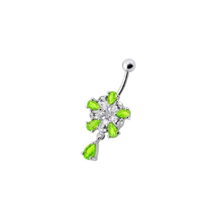 Jeweled Fancy Silver Flower Dangling Banana Bar Navel Belly Ring