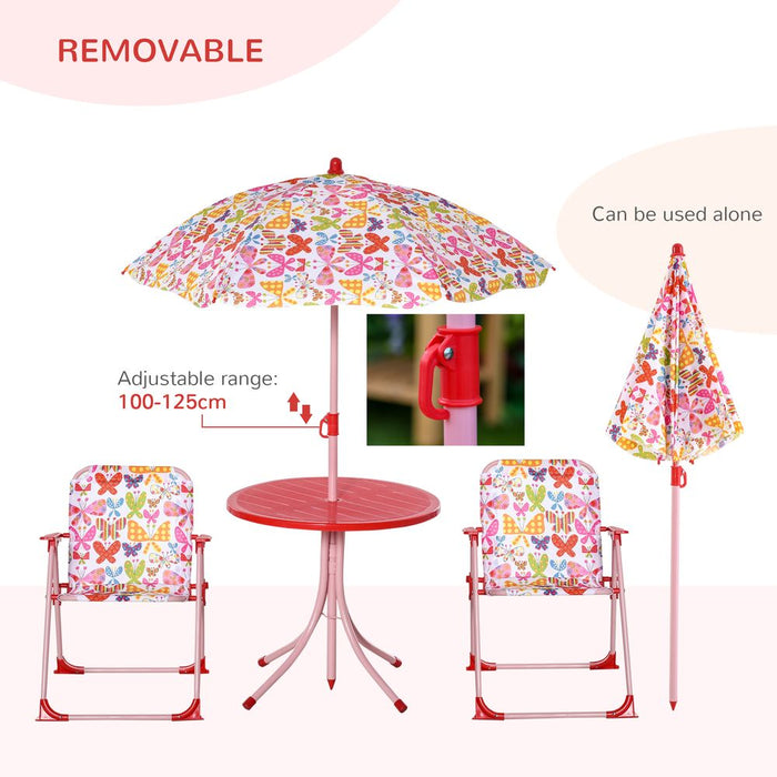 Outsunny Kids Outdoor Bistro Table and Chair Set Butterfly Pattern Garden Patio Backyard with Removable & Height Adjustable Parasol