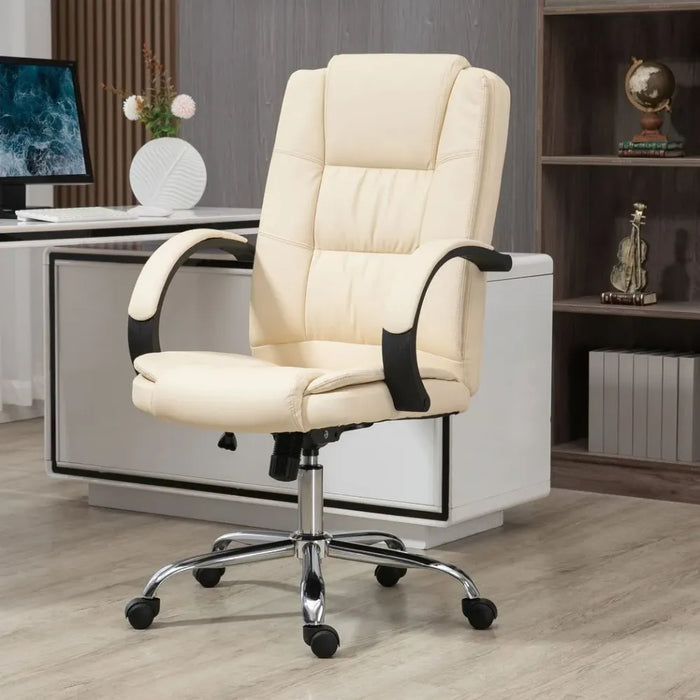 Beige High Back Office Chair - Adjustable, Comfortable PU Leather Executive Chair