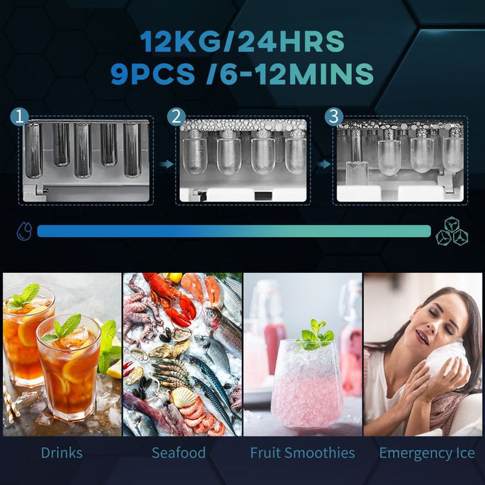 High-Performance Ice Maker: 12Kg Daily | 9 Cubes in 6-12Mins