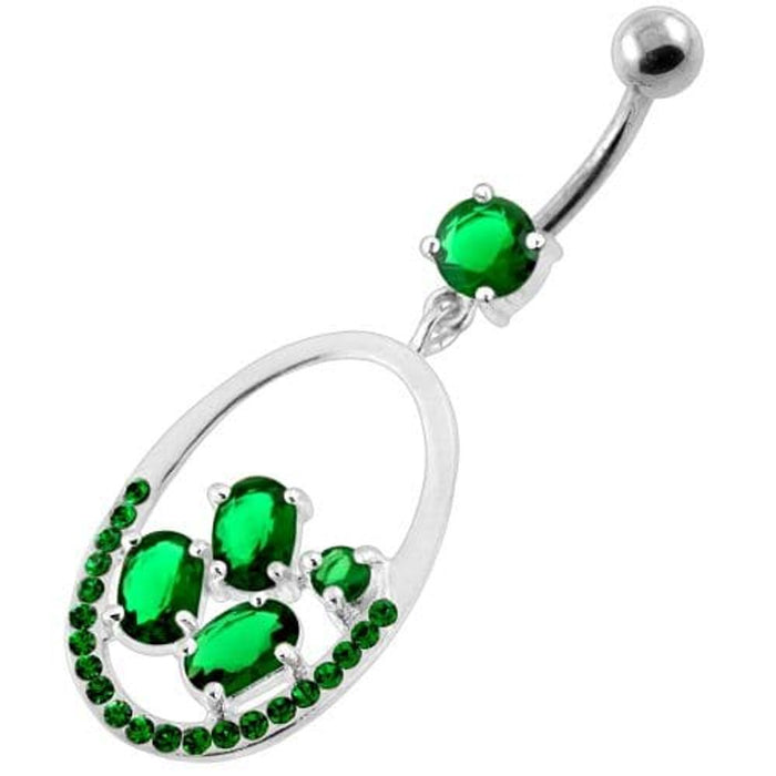 925 Sterling Silver Jeweled Oval Cut out Belly Ring