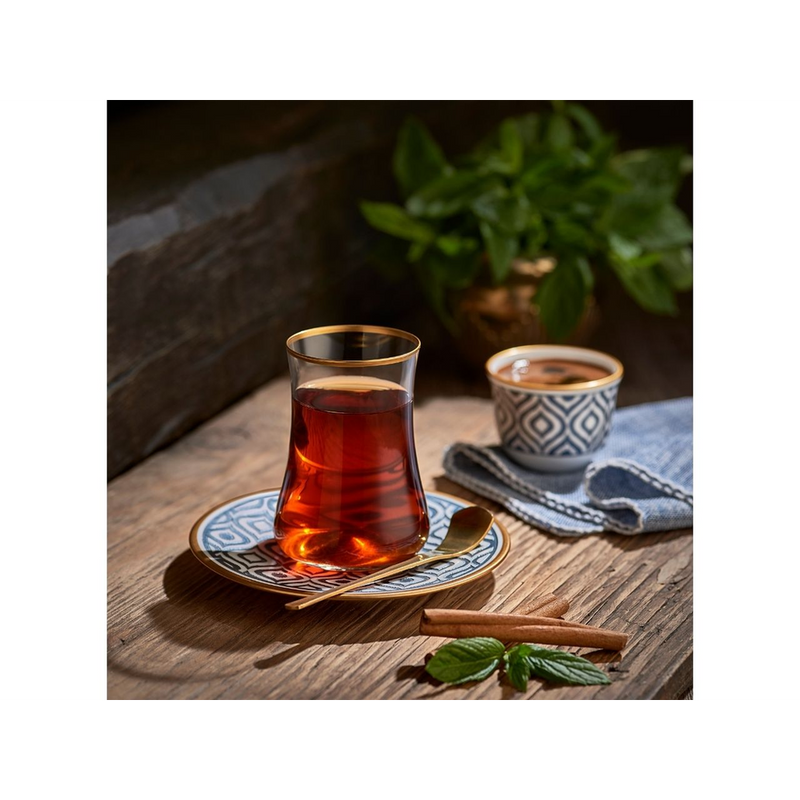 Dervish HD Ikat Tea Glass and Saucer - Anthracite Mat Gold