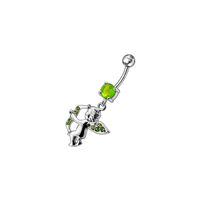 Jeweled Fancy  Angel Silver Dangling SS Bar Curved Belly Ring