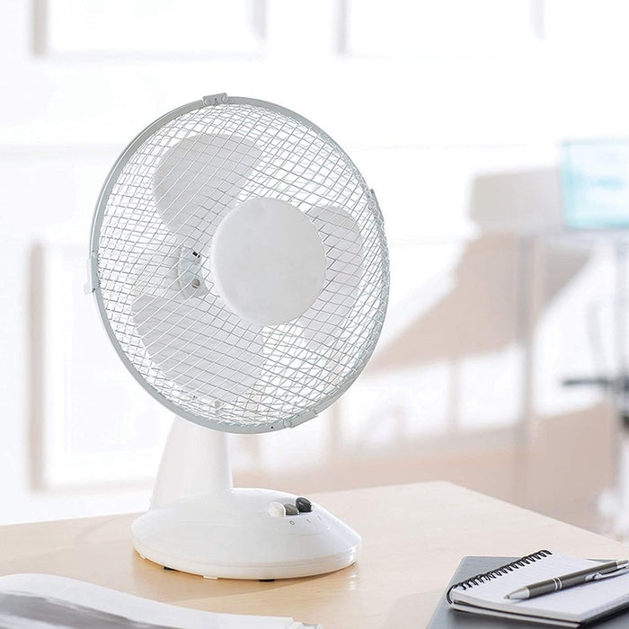 Daewoo 9" Desk Fan White - Powerful Cooling, 2 Speed Settings, Easy-to-Use Key Switch, 3 Blades, Mesh Grille - COL1062