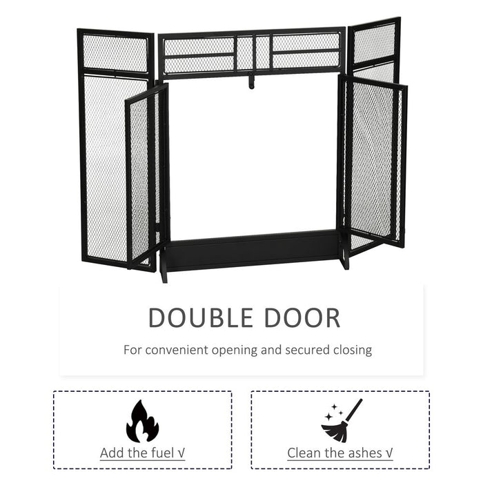 3-Panel Folding Fireplace Screen Spark Guard Metal Mesh Fireguard Black