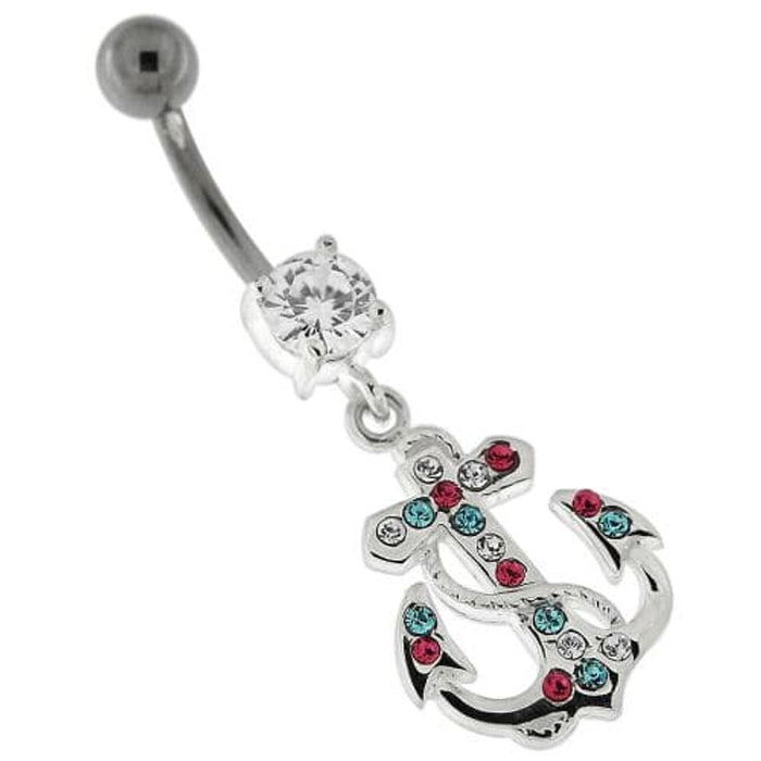 Fancy Jeweled Anchor And Cross Dangling Curved Belly Ring