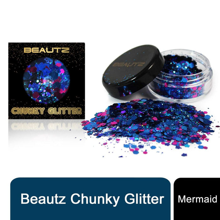 Beautz Chunky Glitter - 5 Varieties - 10ml Pot - 5g of Cosmetic Glitter - Mermaid