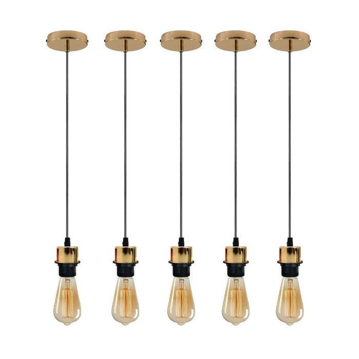 5 Pack Industrial French Gold Pendant Light, Lampshade Addable E27 Lamp Holder Light, E27 UK Holder Set With PVC Cable.