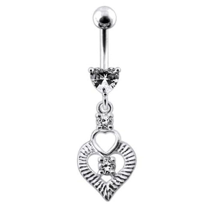 Silver Fancy Heart Jeweled Heart Dangling Banana Belly Ring