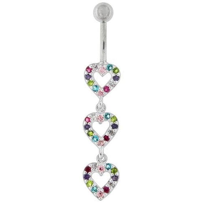 Triple Heart Dangling Fancy Multi Jeweled Curved Bar Belly Ring